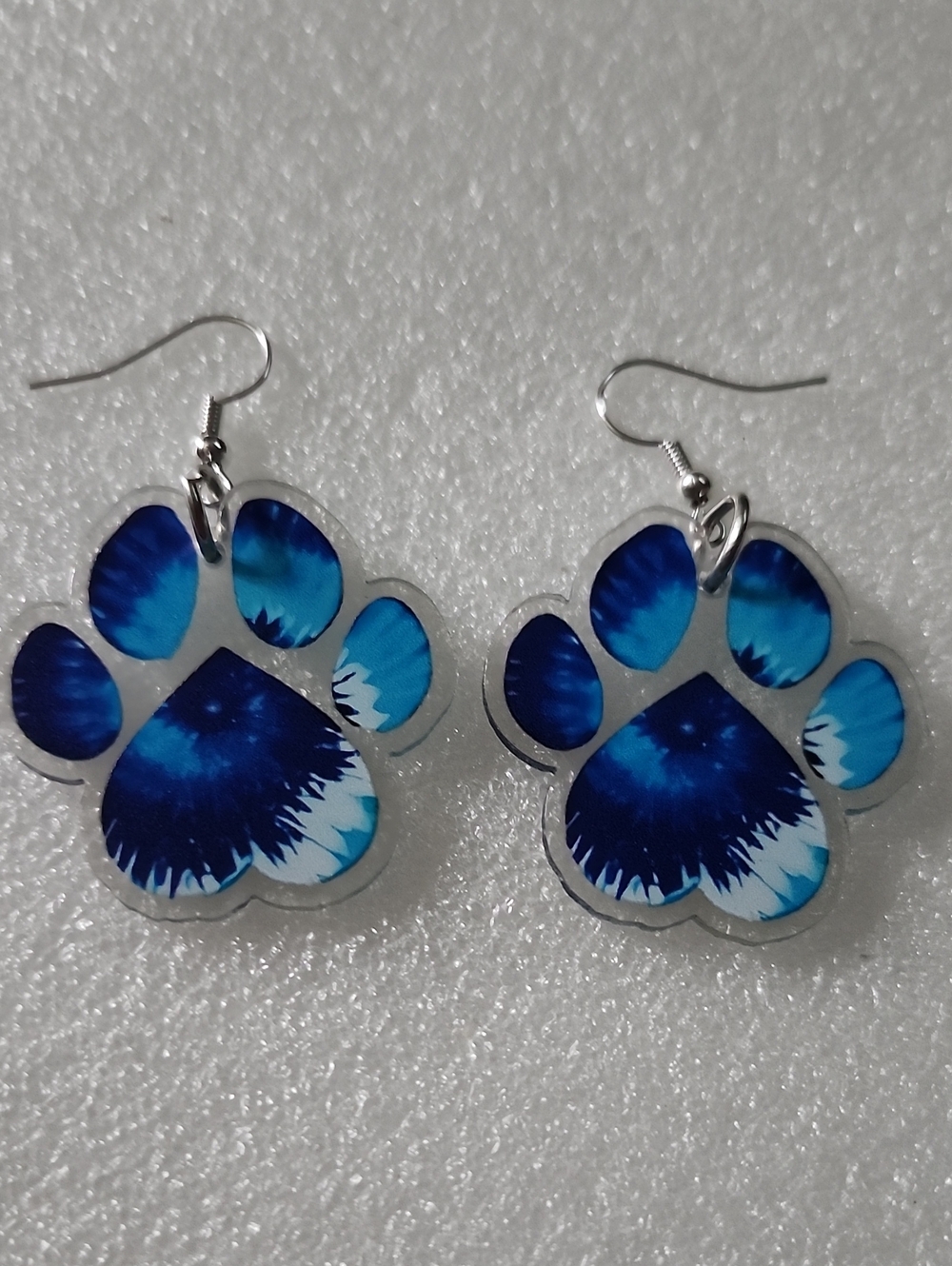 Hand Crafted Blue Tie-Dye Paw Print Dangle Earrings
